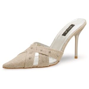 N.Y.L.A. Wednesday Pump Linen Rhinestone studded nude beige silver mules Sz 8
